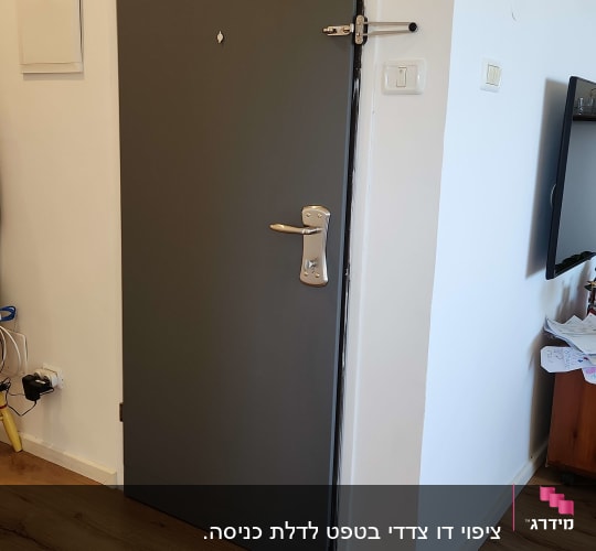 דלת אפורה עם ידית מתכת ובריח עליון